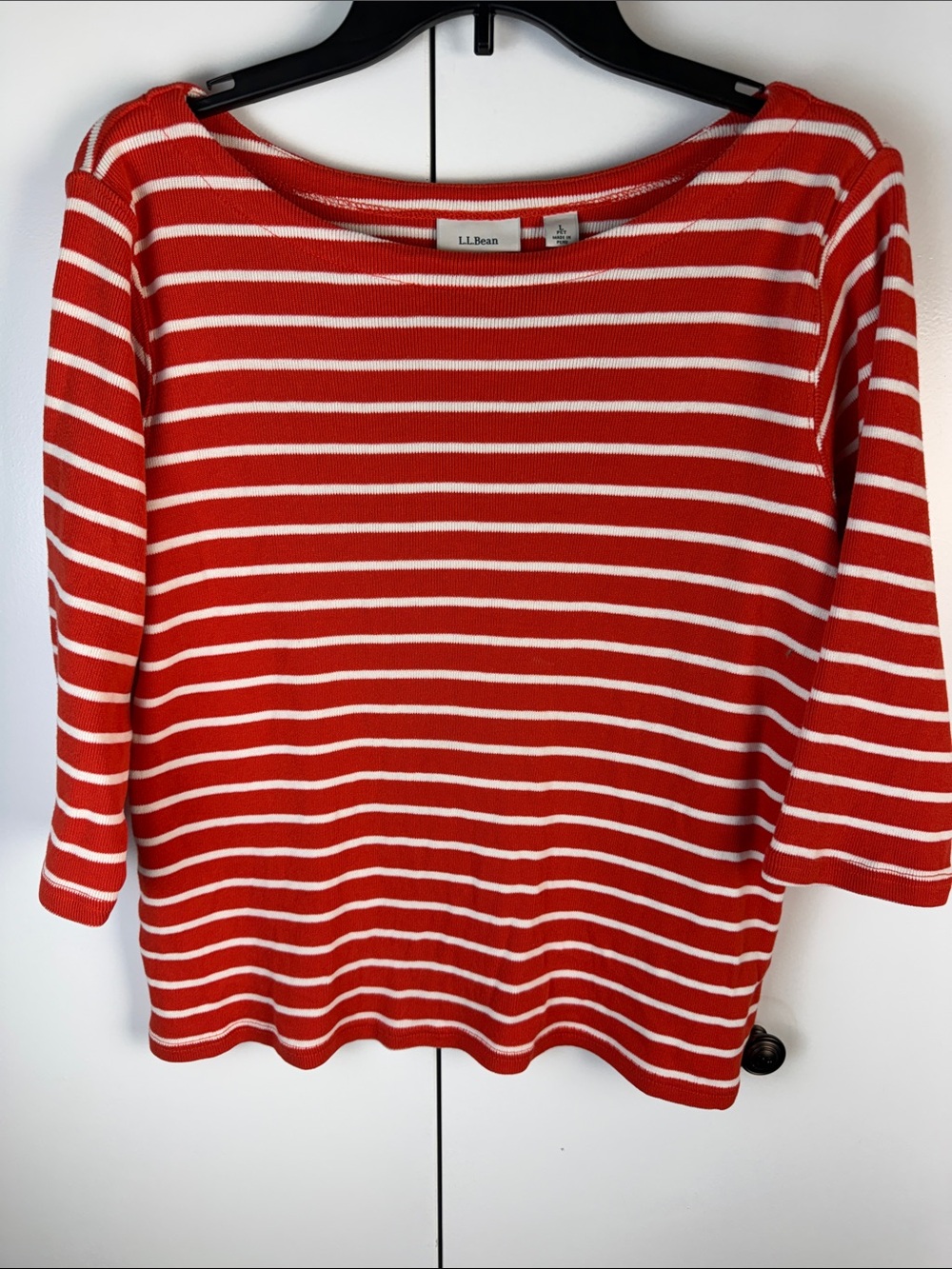 L.L.Bean Orange and White Striped Boatneck Top 3/4 sleeve fisherman size LP